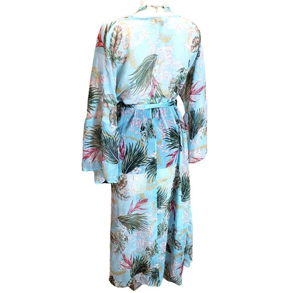 Gigio Long Sheer  Kimono Duster L Blue Tropical Floral Boho Peasant Hippie - Picture 4 of 10
